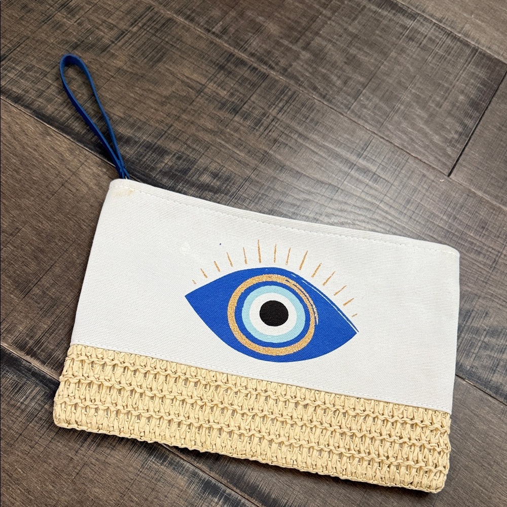 Eye Design Canvas Clutch with Blue and Gold Accents